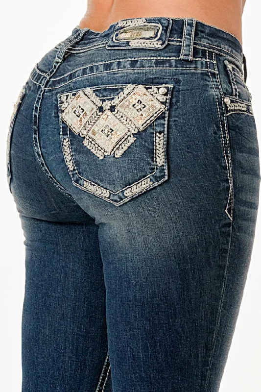 Aztec Embroidery Mid Rise  Bootcut Jeans