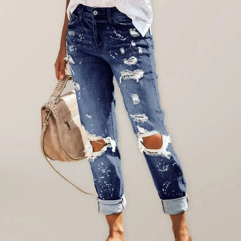 Women’s Five-pocket Style Ripped Straight Leg Cuffed Denim Jeans