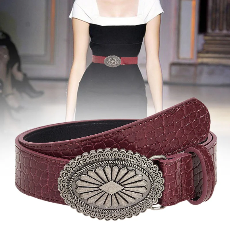 Maxbell Women’S PU Leather Belt Chic Decorative Waistband for Jeans Pants Decoration Dark Red