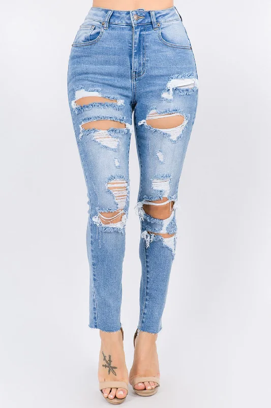 Women's High Rise Distressed Washed Out Denim Skinny Jeans